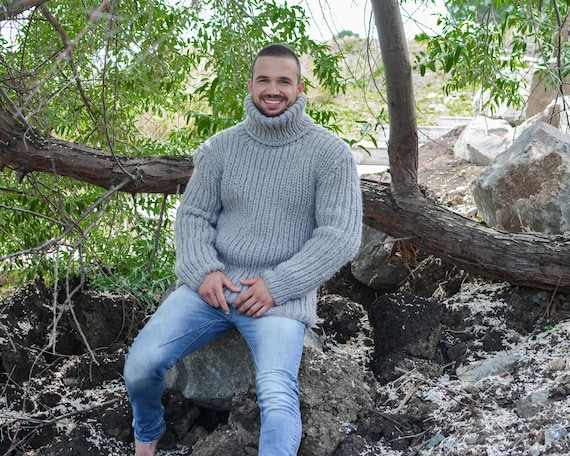 Gray Wool Sweater – Hand-Knitted Ribbed Fisherman Style Warm Jumper T782M
