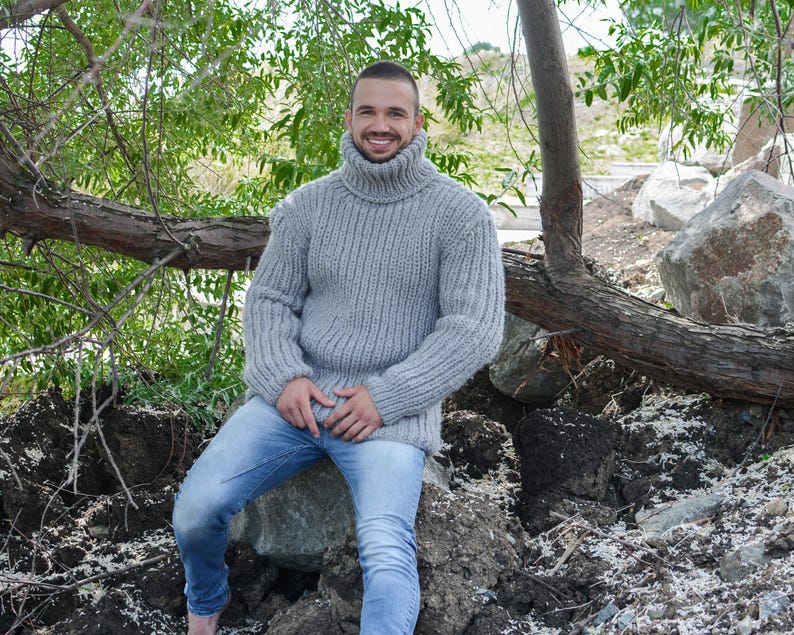 Gray Wool Sweater – Hand-Knitted Ribbed Fisherman Style Warm Jumper T782M image 1