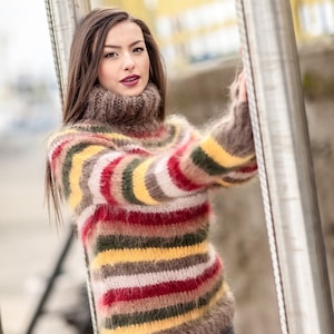 Striped Sweater, Turtleneck Sweater, Knitted Sweater, Fluffy Pullover, Oversized Sweater, Plus Size Mohair Sweater, Chunky Knit Sweater T415