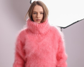 Pink French Kid Mohair Turtleneck Sweater, Brushed Hairy Knit, Extra Soft Crew Fit T2084