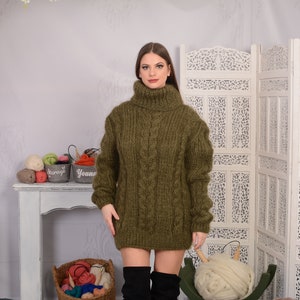 Olive GREEN Mohair Sweater Chunky Turtleneck Cable Knit - Etsy