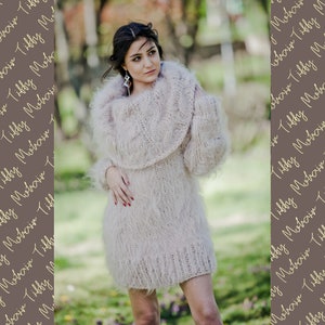 Beige Mohair Dress, Cowl Neck Sweater, Hand Knit Dress, Fluffy Pullover, Maxi Mohair dress, Winter Dress, Oversized Dress, Fetish Dress T31