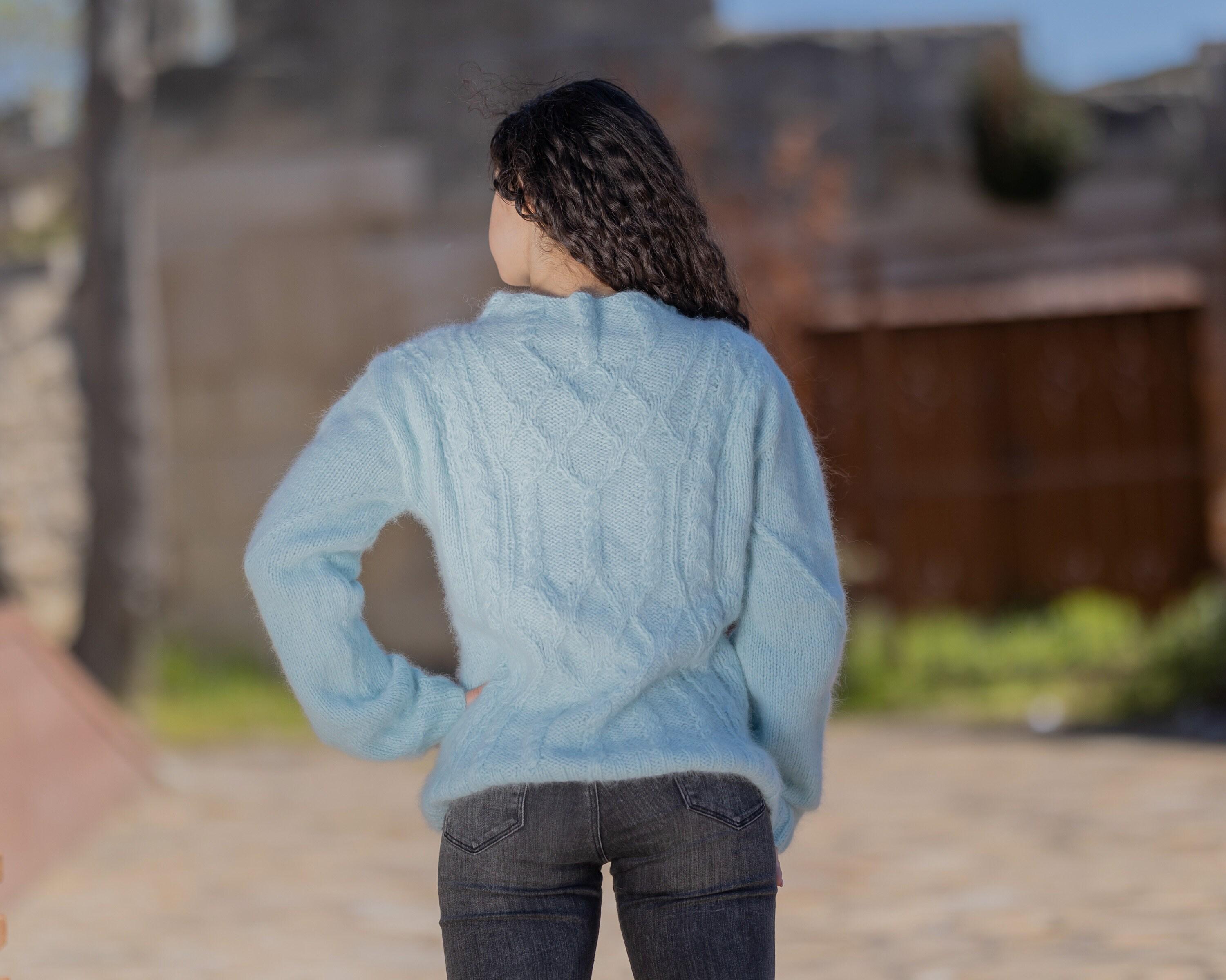 Baby Blue Angora Sweater, Hand Knitted 100% Rabbit Fluffy Pullover