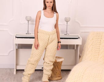 Pantalones de lana que pican, pantalones de punto trenzado de lana natural de 5 hebras tejidos a mano T1984