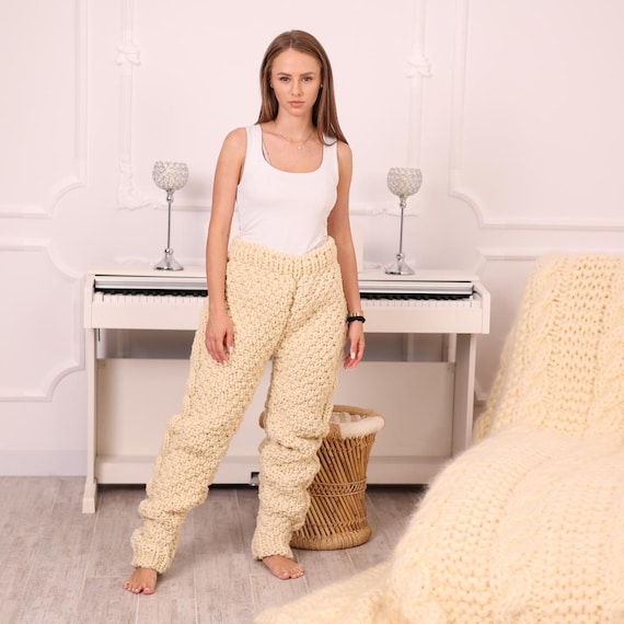 Itchy Wool Pants, Hand Knitted 5 Strands Natural Wool Cable Knit