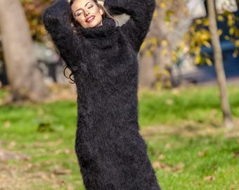 Black Mohair Sweater Dress, Hand Knitted Chunky Fluffy Turtleneck Maxi Dress T391