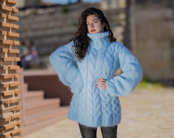 One available in size 5XL, Fluffy Blue Mohair Sweater, Chunky Turtleneck T1423
