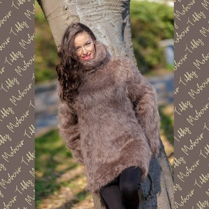 Brown Mohair Sweater, Turtleneck Sweater, Hand Knitted Sweater, Fluffy Sweater, Huge Oversized Sweater, Mohair Fetish, Chunky Sweater T399