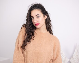 Suéter de lana de alpaca, tejido a mano, suave y cálido, jersey de invierno ligero y acogedor T1561