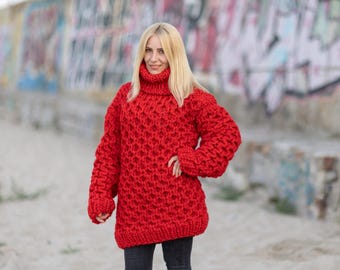 Red Cable Knit Wool Sweater – Hand-Knitted Women’s Chunky Turtleneck Pullover T1083