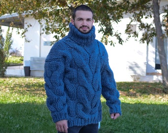 Mega Thick Hand Knitted pure Wool Sweater Blue Soft Turtleneck Jumper Pullover Jersey with Cables T660M