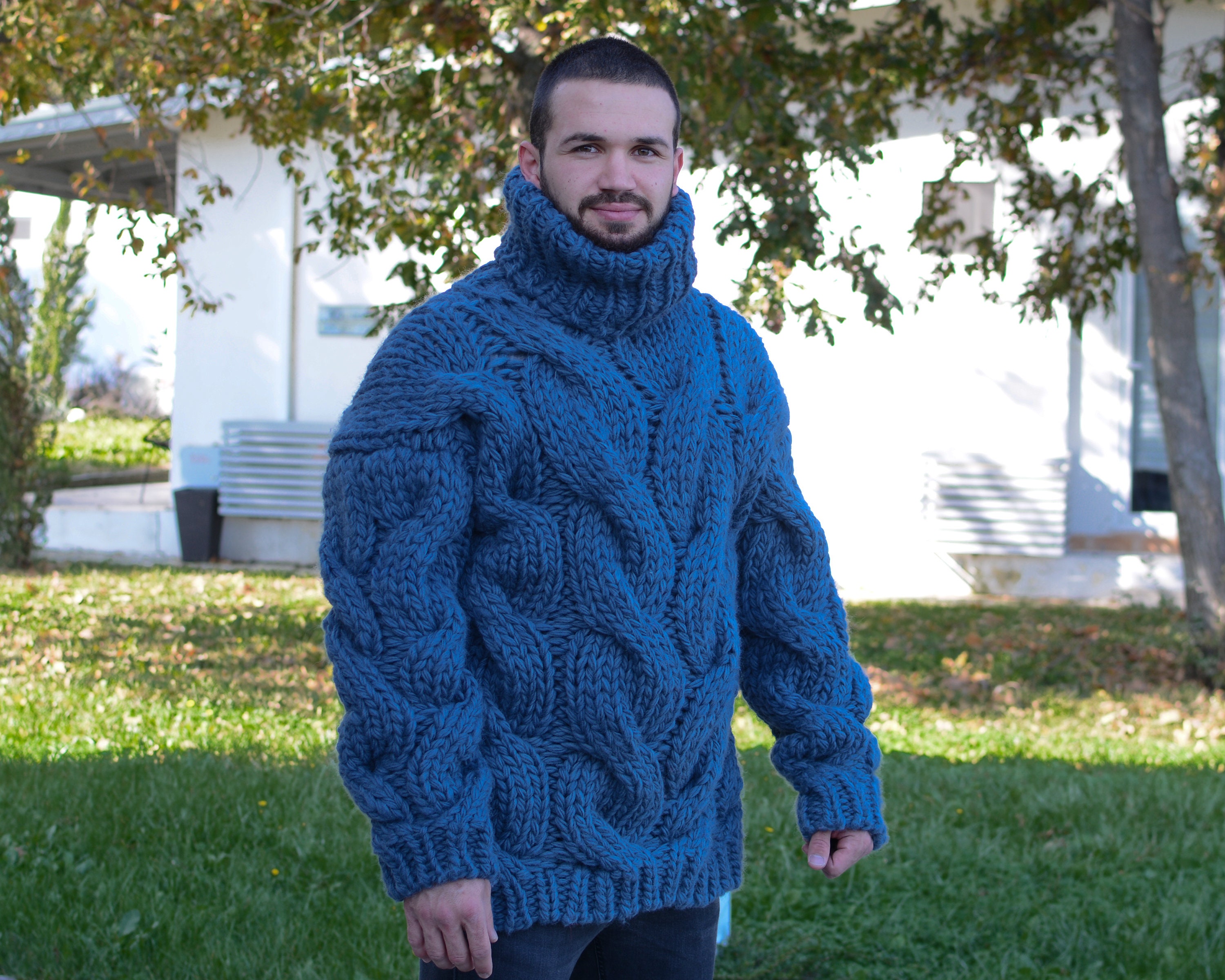 Mega Thick Hand Knitted Pure Wool Sweater Blue Soft Turtleneck