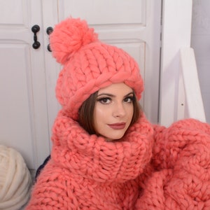 Merino Hat, Pom Pom Hat, Pink Hat, Kids Hat, Wool Beanie, Chunky Yarn, Gift for Her, Merino Wool, Thick Winter Beanie T727