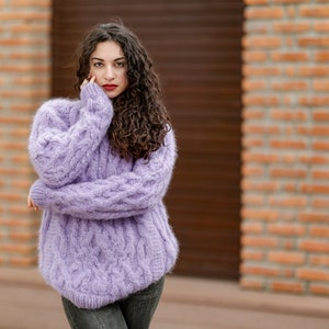 Purple Italian Kid Mohair Sweater , Cable Knit Jumper  T1388