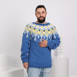 Hand-Knitted Icelandic Sweater – Men’s Blue Lopi Wool Jumper T1631