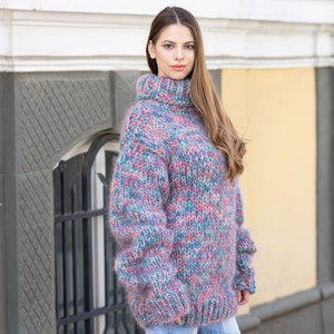 Mohair and wool mix Sweater, Thick knit Sweater in blue, Turtleneck Jumper T673M