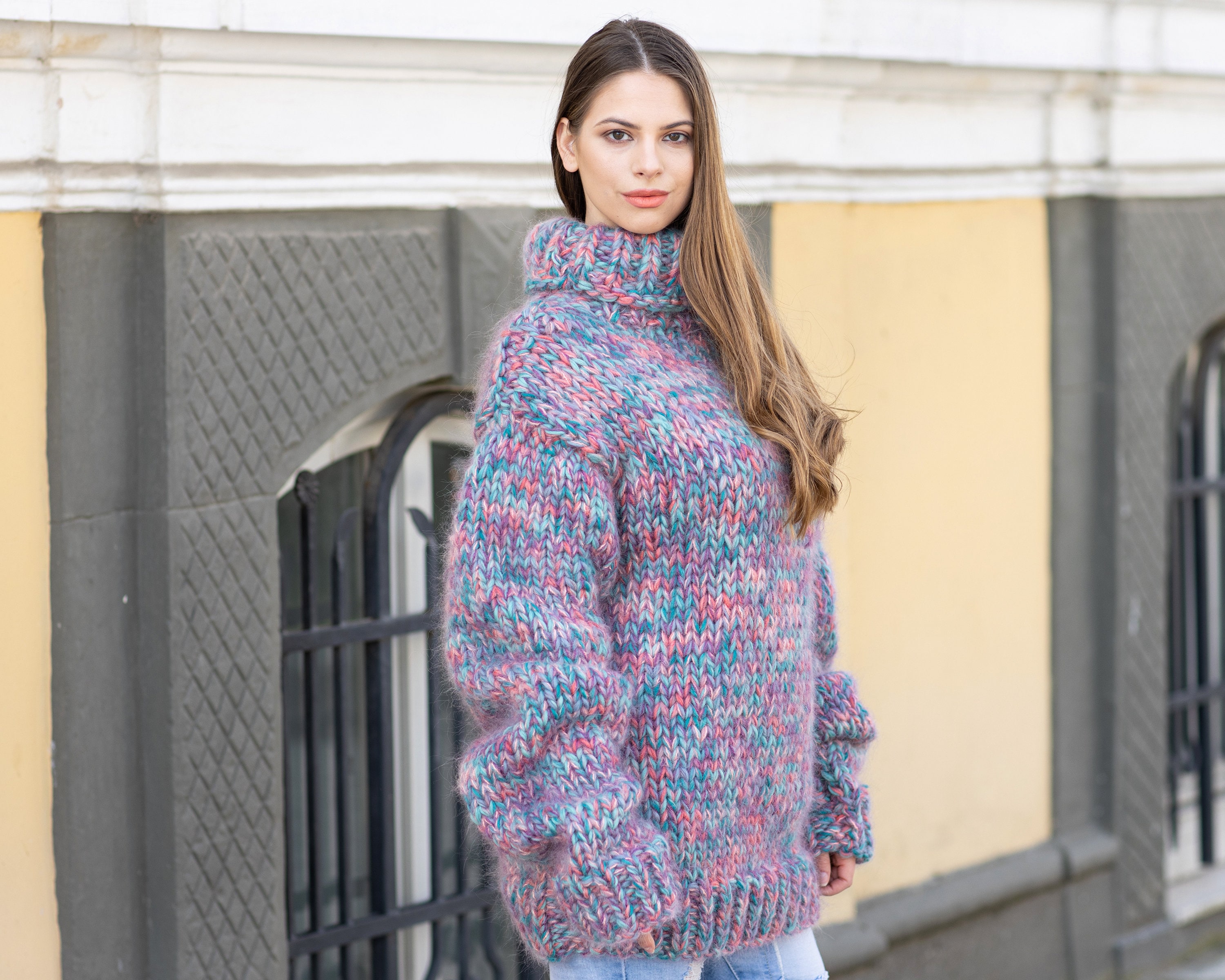 Mohair and Wool Mix Sweater, Thick Knit Sweater in Blue