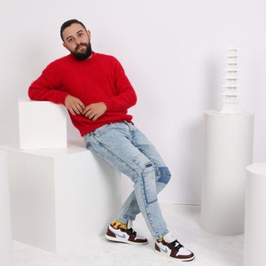 Red Alpaca Sweater, Men Hand-Knitted Sweater, Alpaca Wool Blend, Timeless Elegance, Cozy Winter Style, Natural Fiber Fashion, T1607
