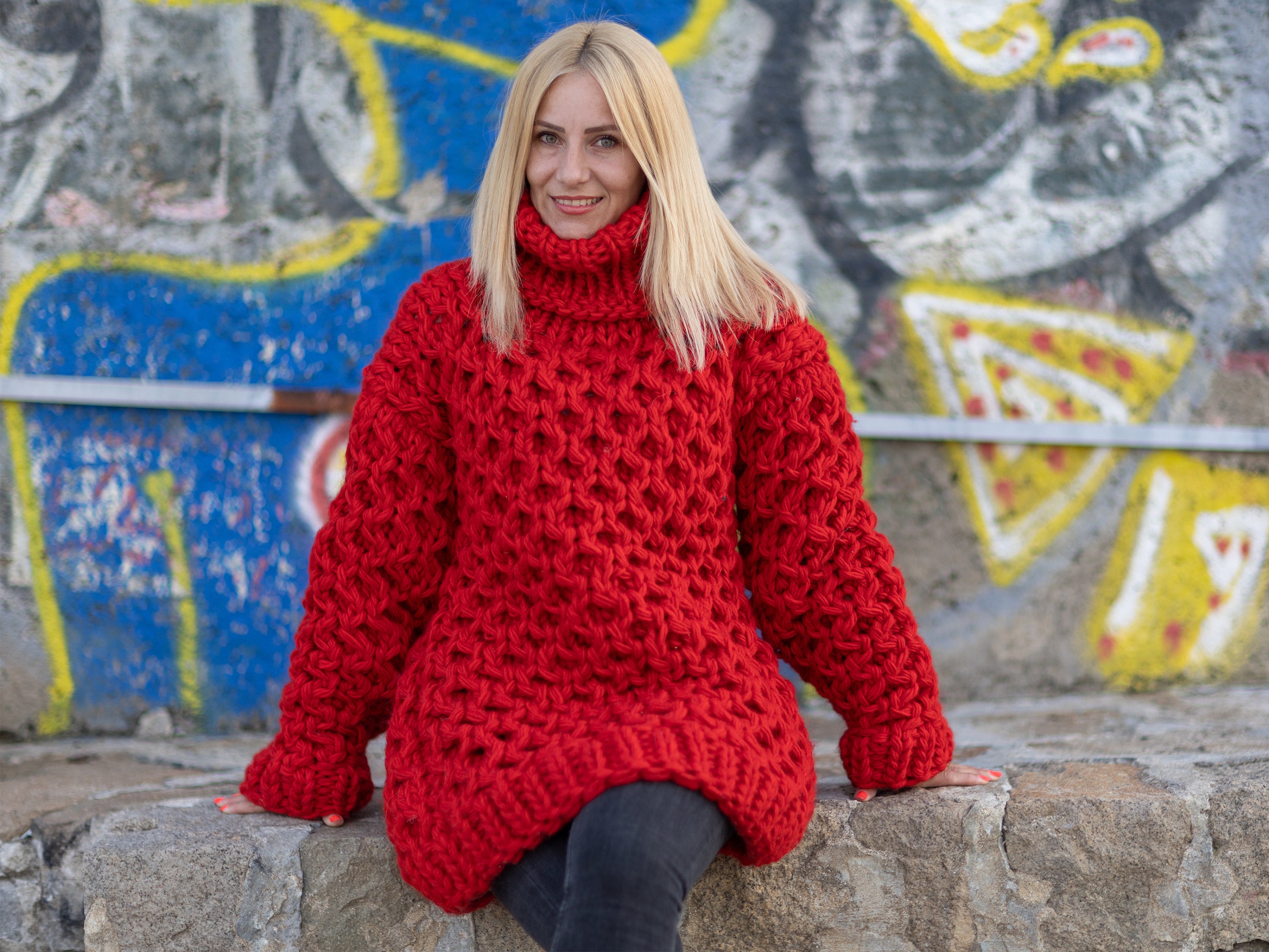 Chunky red top turtleneck sweater