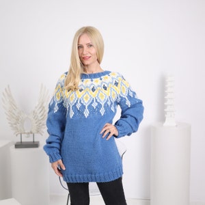 Ready to ship in size 4XL, Lopi wool Sweater, Icelandic style jumper , Hand knitted blue pullover  T1631