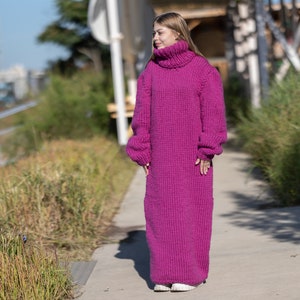 Pink wool Dress, Knit Sweater Dress, Turtleneck Maxi Dress T1264