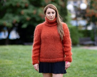 Hand-Knitted Orange Mohair Sweater – Fluffy Soft Warm Turtleneck Pullover T1097