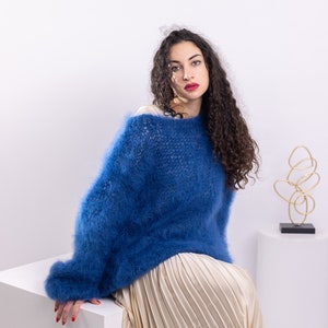 Blue Mohair Sweater, Soft Crewneck Sweater, Men Mohair Sweater, Oversized Sweater, Hand Knitted sweater, Fluffy Sweater, Loose Sweater T1544