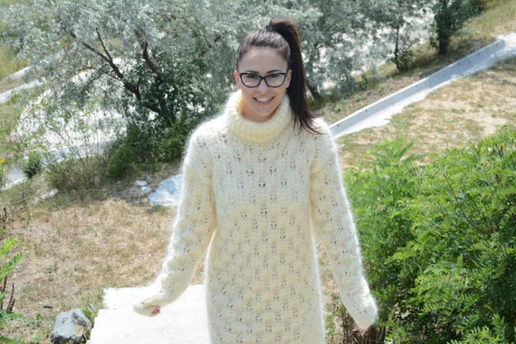 Cream Mohair Lace Sweater Dress Fluffy 