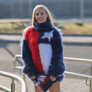 Chile Flag Sweater, Blue Mohair Sweater, Mohair Pullover, Hand Knit Sweater,  T1481