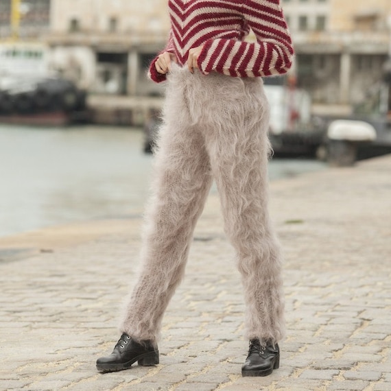 Beige Mohair Pants, Hand Knit Trousers, Mohair Leg Warmers