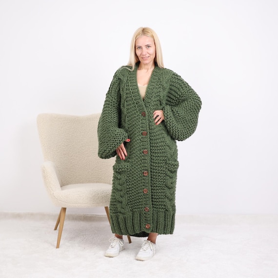 Green Wool Cardigan – Hand Knitted Long Cable Knit Coat With