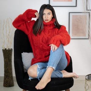 Red Mohair Sweater with Cables  T1157
