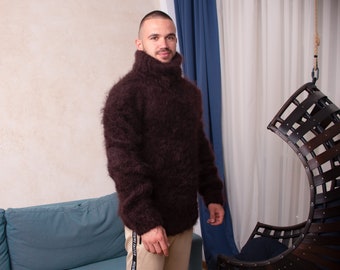 Pull Mohair marron , Pull mohair moelleux T830M