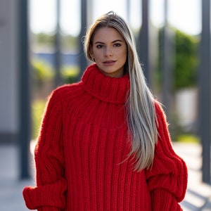 Chunky Pullover, Ribbed Red Wool Sweater, Hand Knit Woolen Pull T1262