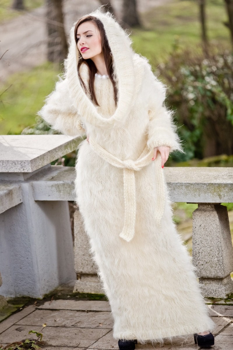 Cowl Neck Mohair Dress, Cream Maxi Dress, Knit Sweater Dress