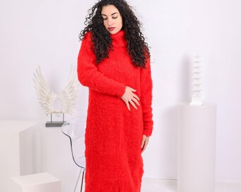 Hand Knit Red Alpaca Sweater Dress, Fluffy Wool Blend T1638