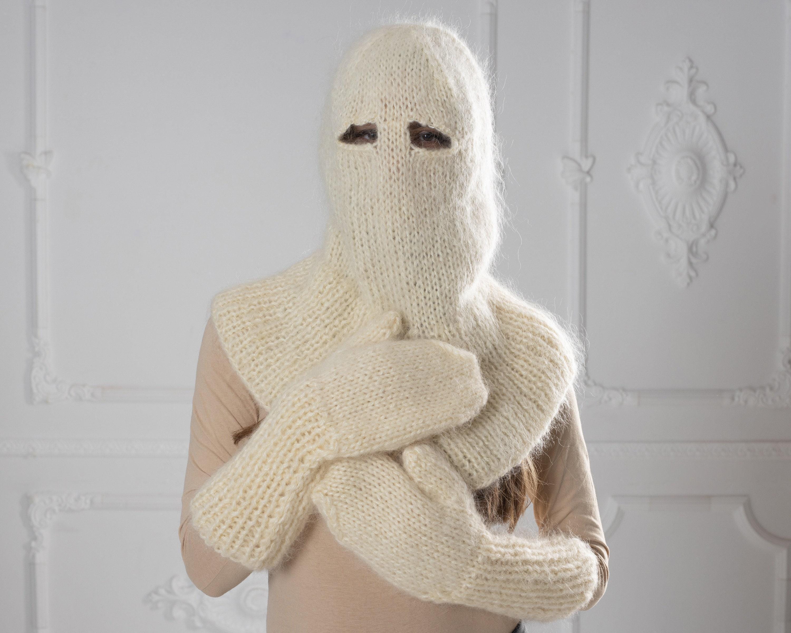 Cream Mohair Balaclava - Hand Knitted Fluffy Slouchy Beanie Ski Mask T1010