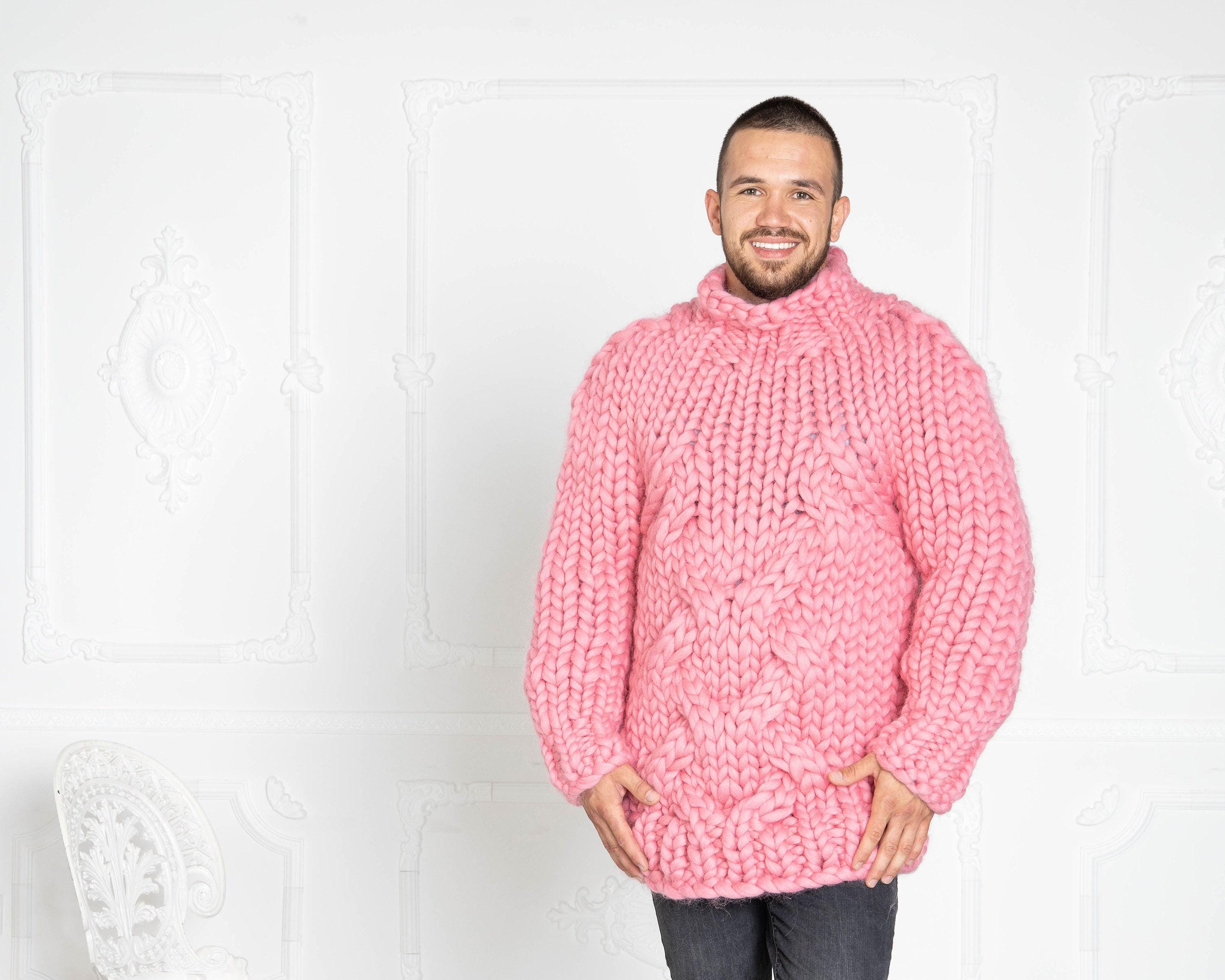 Chunky Pink Wool Sweater – Hand-knitted Thick Cable Knit Merino