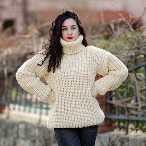Suéter de lana color crema, punto acanalado de pescador, tejido a mano, sin teñir, 100 % lana, con picor, T1381