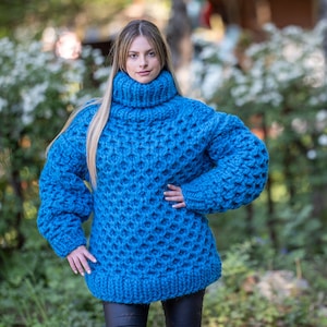 Hand knitted honey comb cables Turtleneck, Blue Women&#39;s pullover  T1199