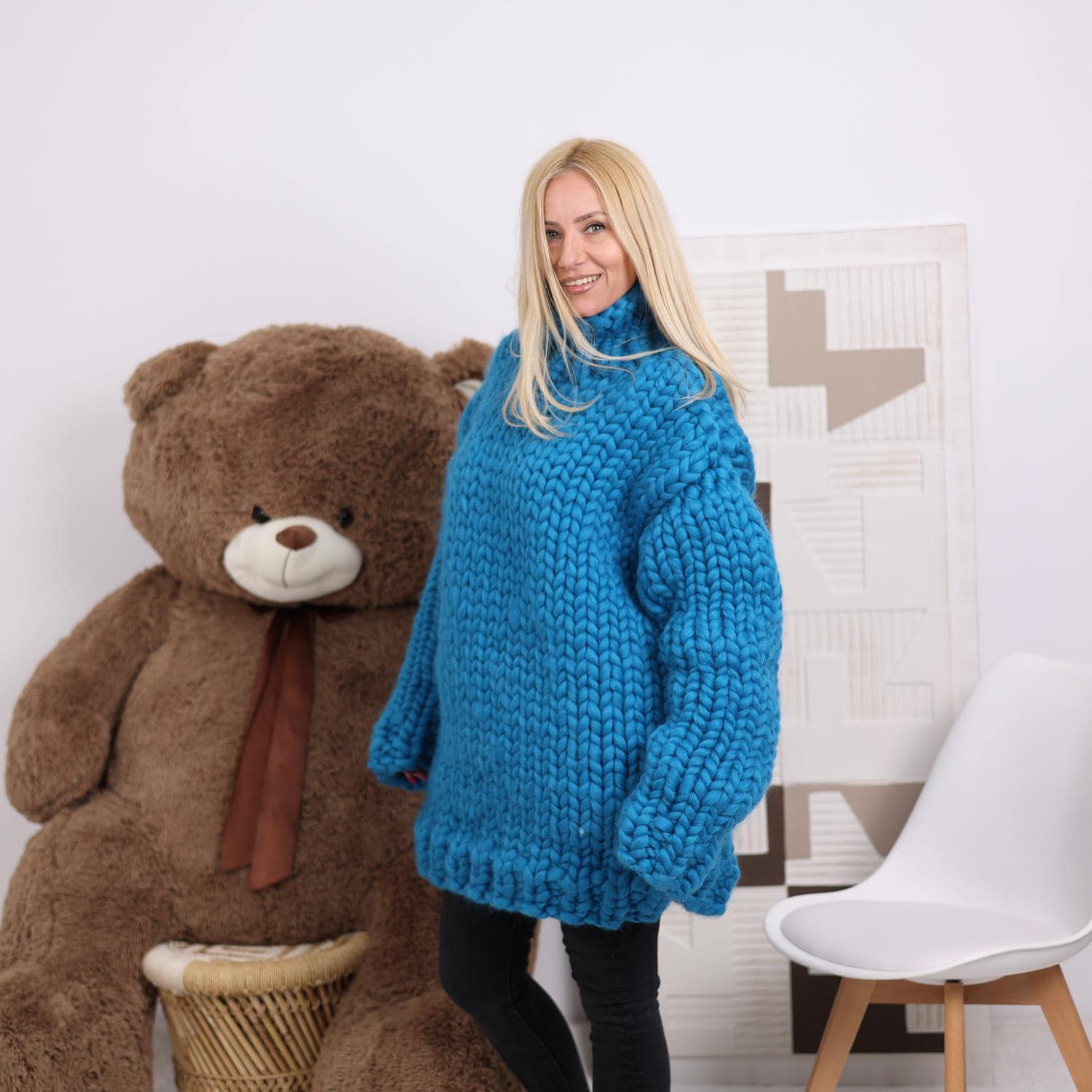 Blue Chunky Merino Wool Sweater, Hand Knitted Oversized Cozy