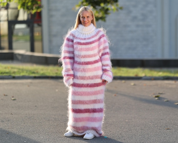 Rainbow Mohair Sweater Dress, Hand Knitted Fluffy Turtleneck Maxi Dress T1452 Rainbow Mohair Sweater Dress, Hand Knitted Fluffy Turtleneck Maxi Dress T1452