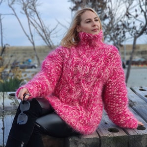8 strands Thick Mohair Sweater, Turtleneck Sweater, Hand Knitted Sweater, Fluffy Sweater, Huge Oversized Sweater T949