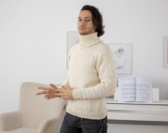 Wool Sweater Cream Itchy Knit, Hand Knitted 100% Raw Wool Pullover T1320