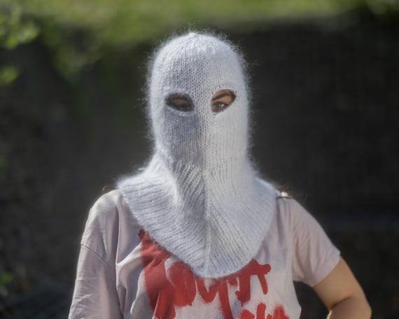 White Mohair Balaclava – Hand Knitted Fluffy Slouchy Beanie Ski