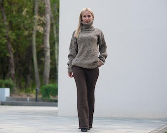 Leggings de lana marrón de punto – Pantalones deportivos de lana para mujer tejidos a mano T881
