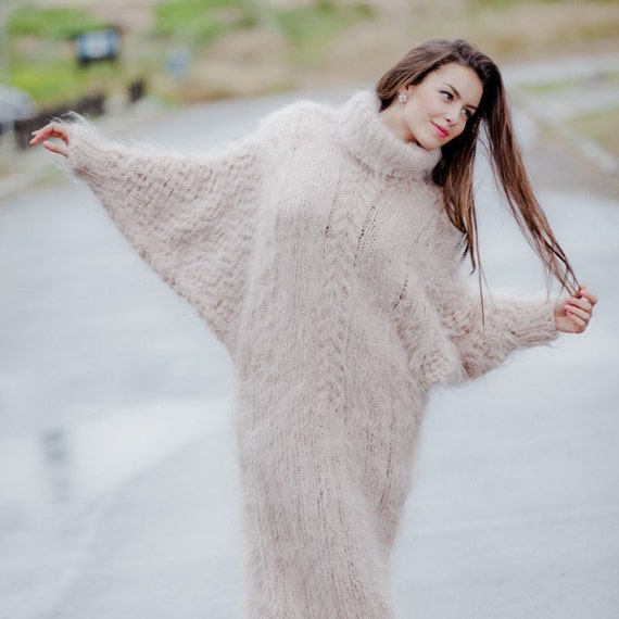 Beige Mohair Dress Fuzzy Turtleneck Dress Hand Knit Sweater | Etsy