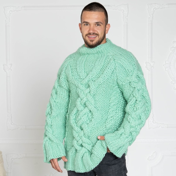 Mint Green Cable knit sweater in 3 strands, Men Hand knit sweater. TCables sweater. Woolen sweater. Handknit Turtleneck wool sweater T626M