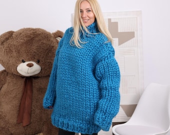Blue Chunky Merino Wool Sweater, Hand Knitted Oversized Cozy
