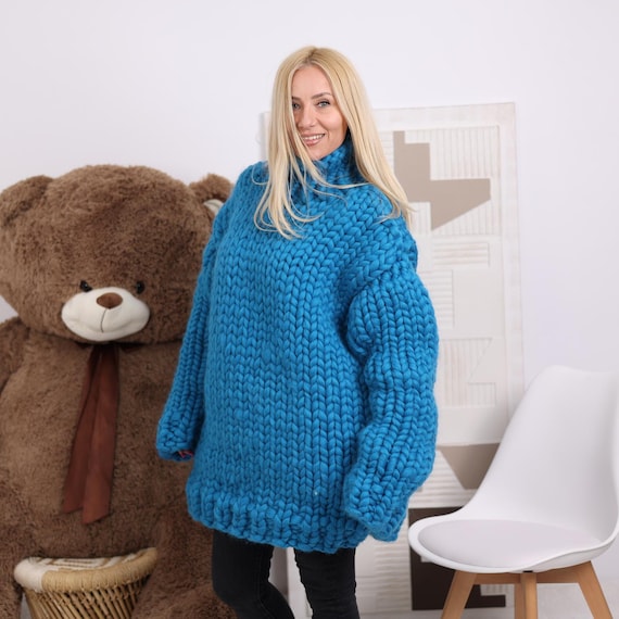Blue Chunky Merino Wool Sweater, Hand Knitted Oversized Cozy